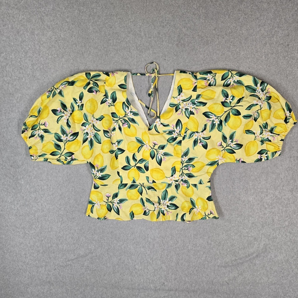 Draper James Women Blouse 8 Yellow Cotton Linen Lemon Cropped Boho Garden